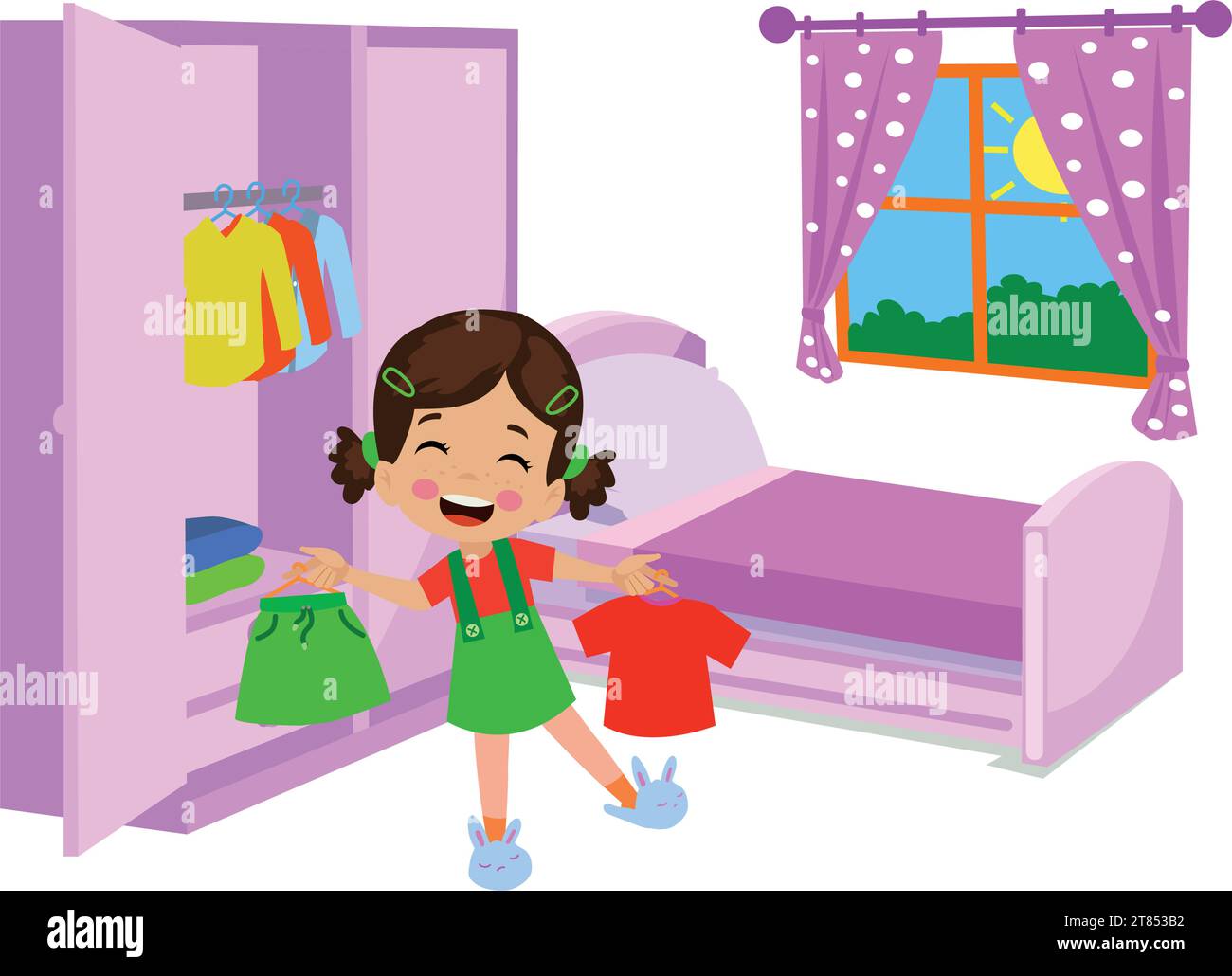 ragazzo carino che sceglie i vestiti dal guardaroba nella sua stanza Illustrazione Vettoriale