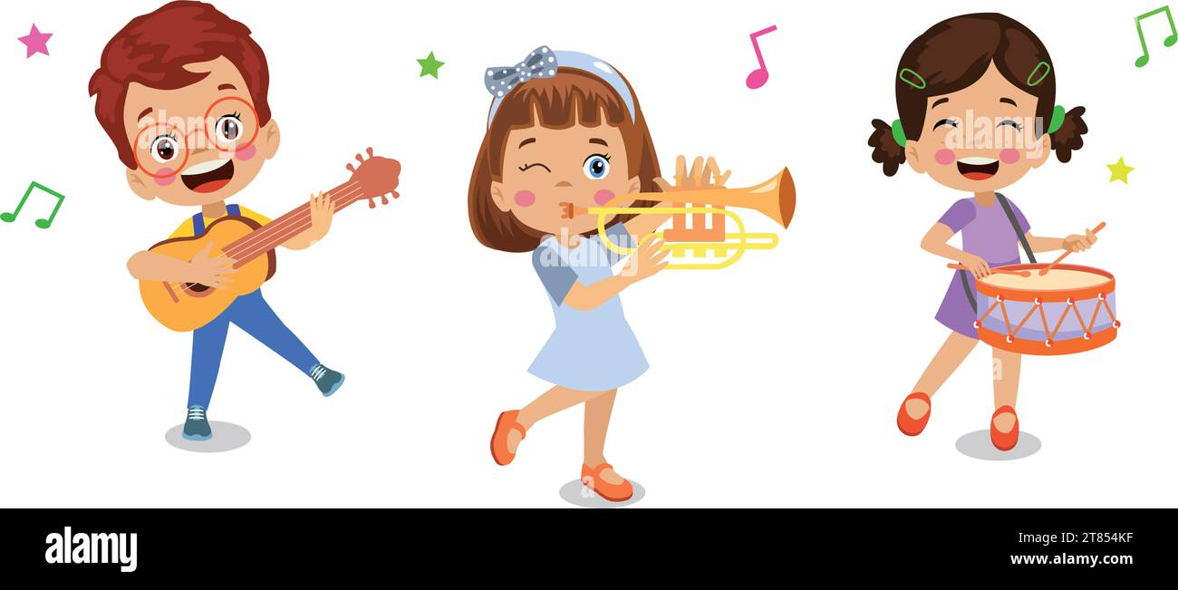 bambini felici che suonano strumenti e cantano Illustrazione Vettoriale
