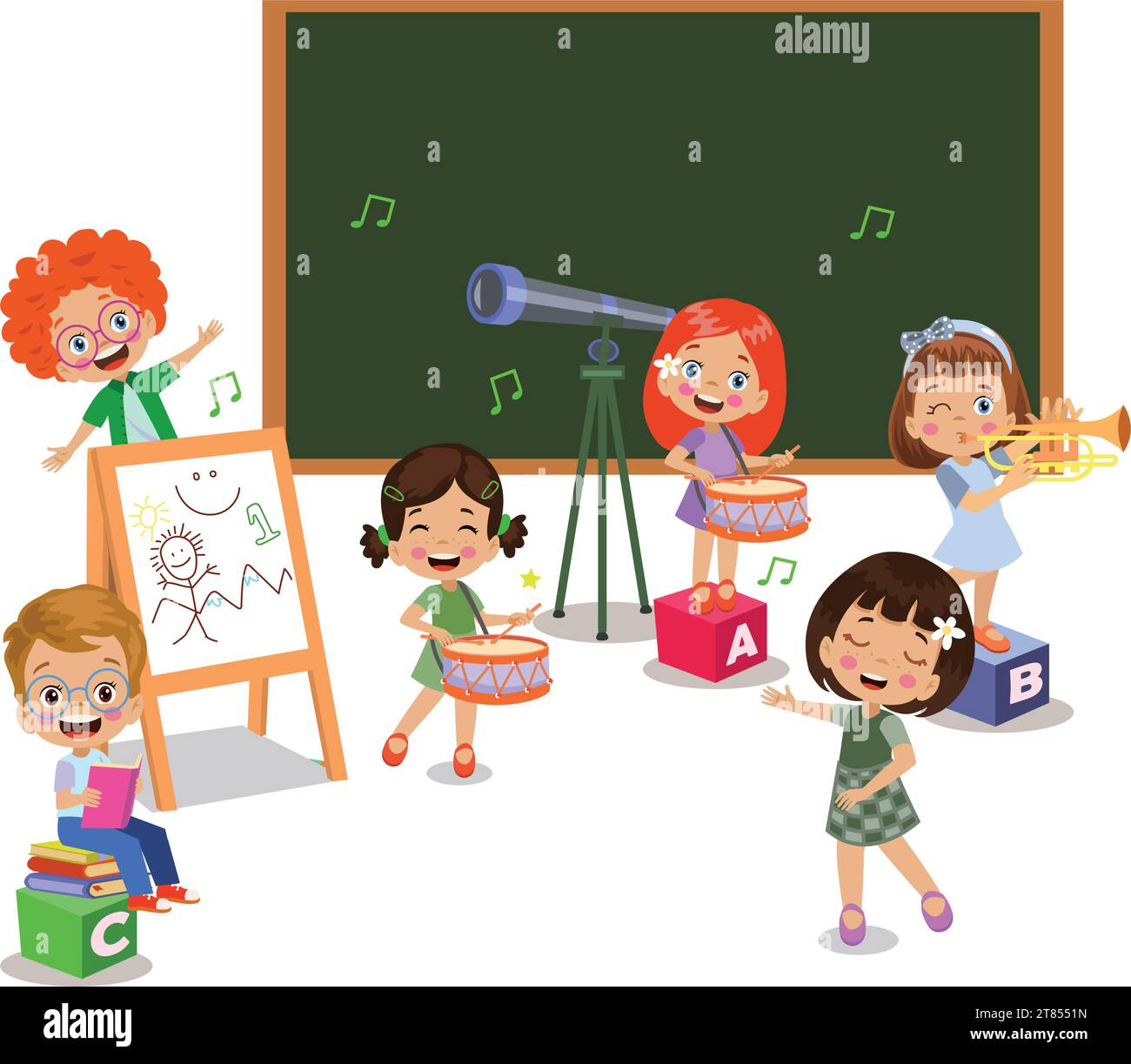 bambini felici che suonano strumenti e cantano in classe Illustrazione Vettoriale