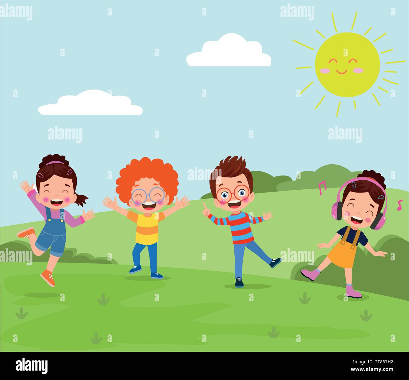 Bambini felici che giocano nel parco. Illustrazione vettoriale di bambini felici che si divertono all'aperto. Illustrazione Vettoriale