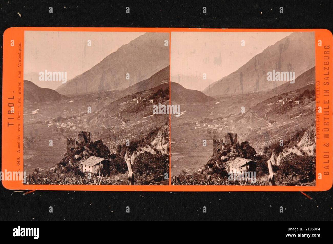 Friedrich Würthle Tirolo, veduta del Tirolo contro il Vintschgau. Carta albumina, sulla scatola/formato stereo 1860-1874 , 1860/1874 Foto Stock