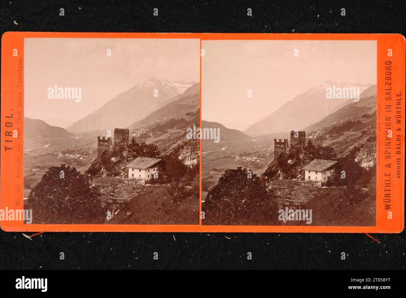 Friedrich Würthle Tyrol, vista del villaggio Tirolo contro Vintschgau. Carta albumina, sulla scatola/formato stereo 1881-1892 , 1881/1892 Foto Stock