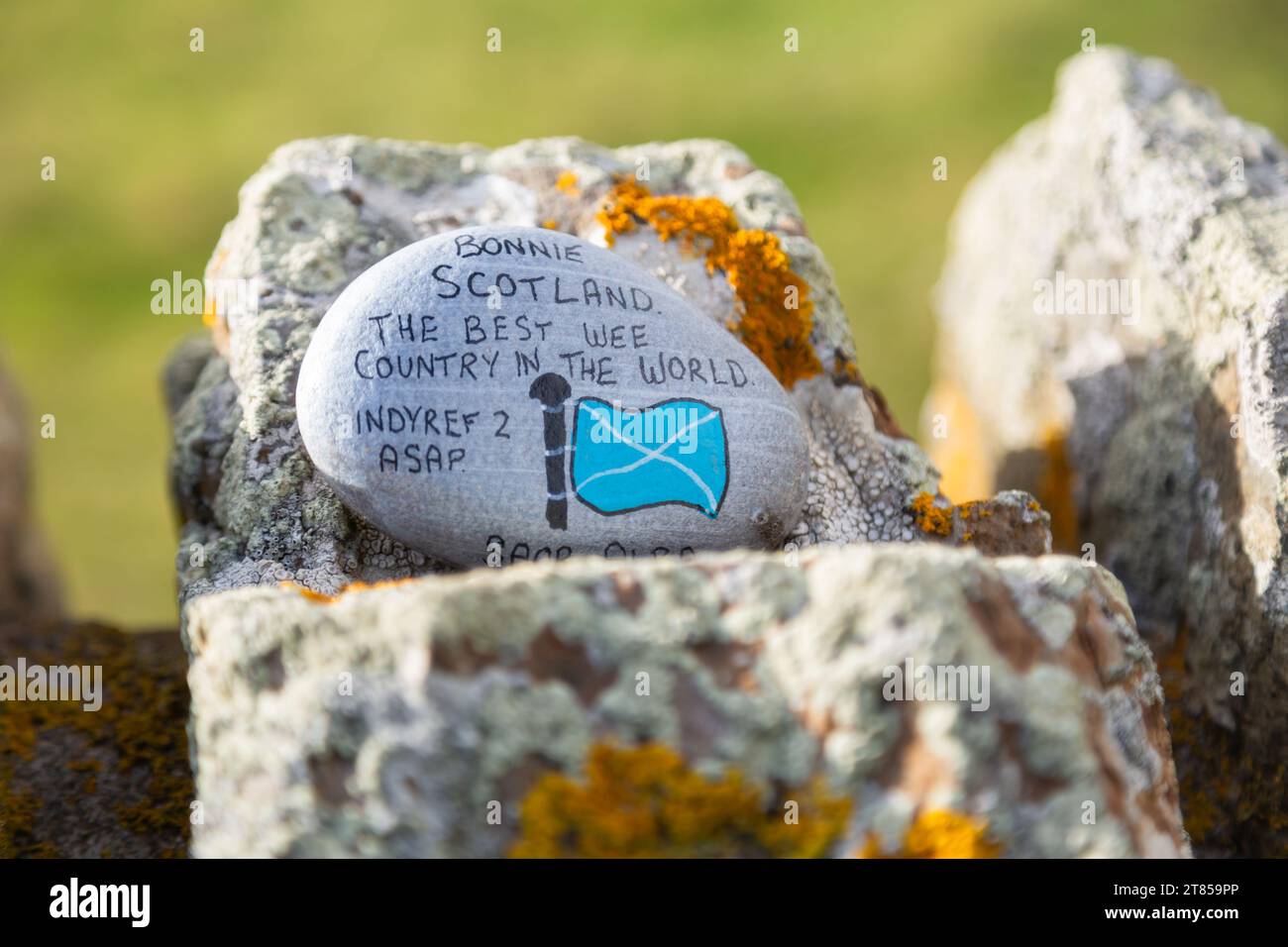 Pietra dipinta che promuoveva il secondo referendum per l'indipendenza scozzese posto in una località remota a Orcadi, Scozia, Regno Unito nel 2023 Foto Stock