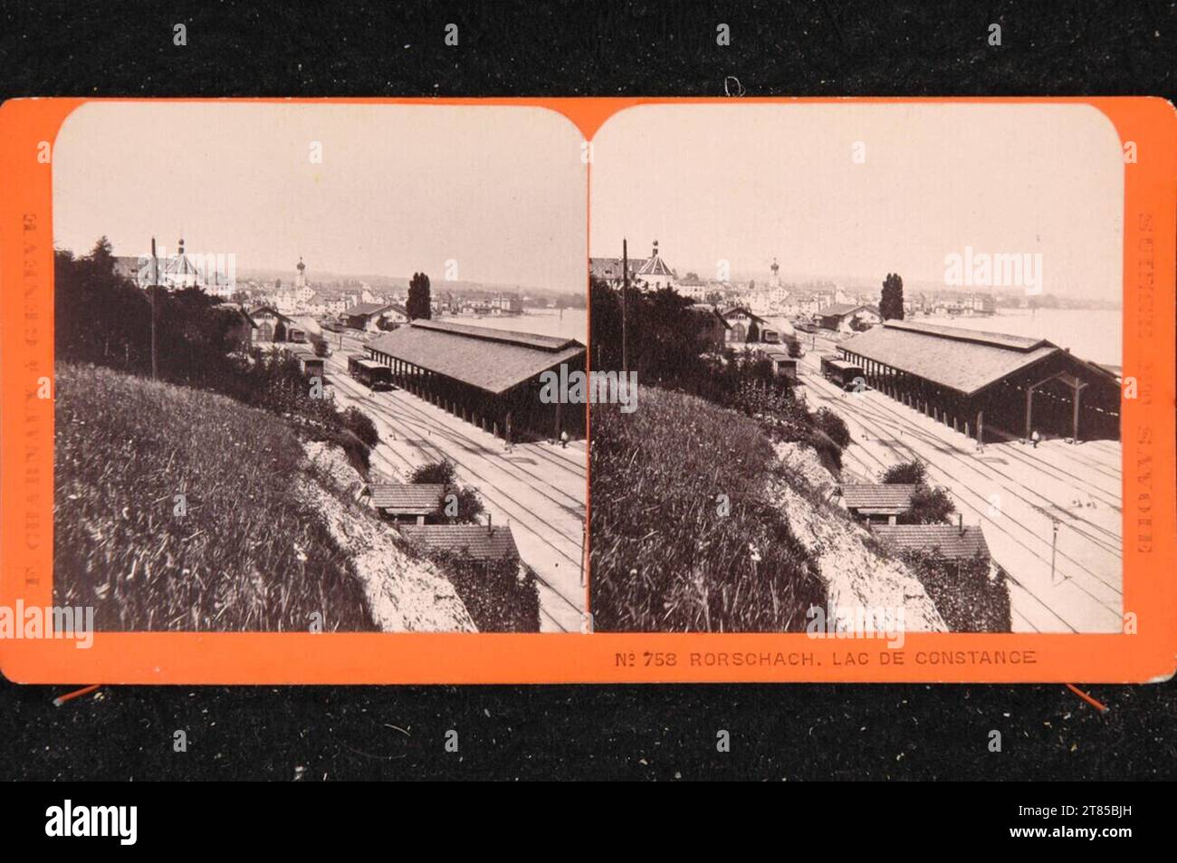 Stazione ferroviaria Joseph Florentin Charnaux Rorschach sul Lago di Costanza, Cantone di San Gallo. Carta albumina, sulla scatola/formato stereo intorno a 1870 Foto Stock