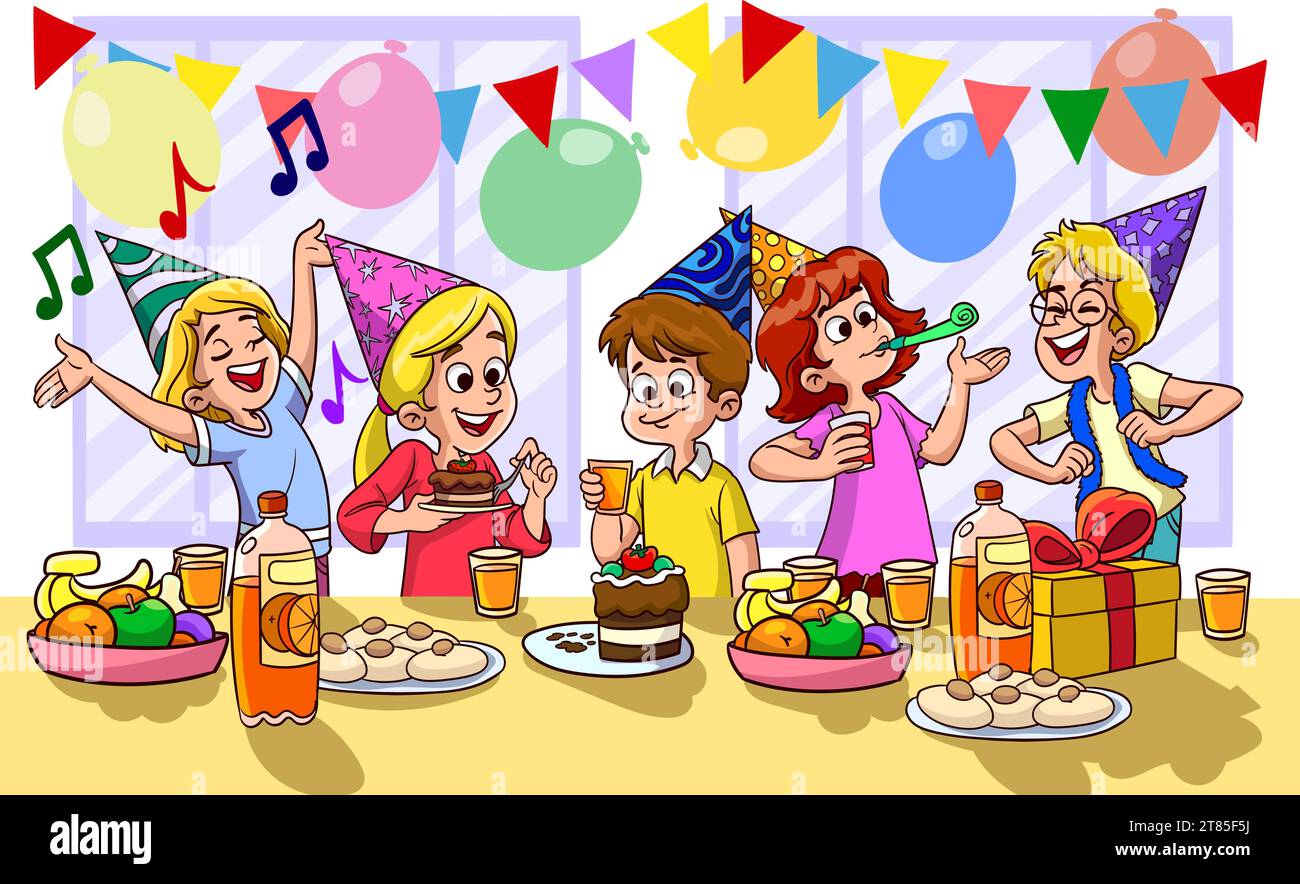 Poster con cartoni animati per feste per bambini con grandi dolci da tavola e regali nell'illustrazione vettoriale per festeggiare il compleanno Illustrazione Vettoriale