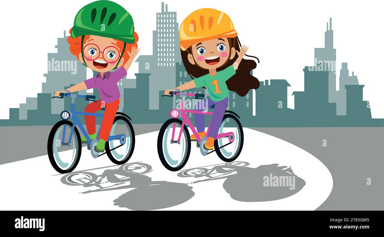 carini ragazzi e ragazze che vanno in bicicletta Illustrazione Vettoriale