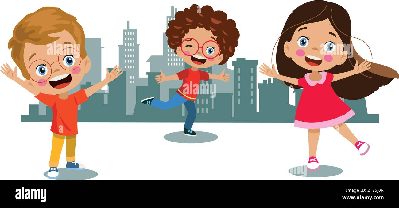 città skyline grande città, edifici e bambini carini Illustrazione Vettoriale