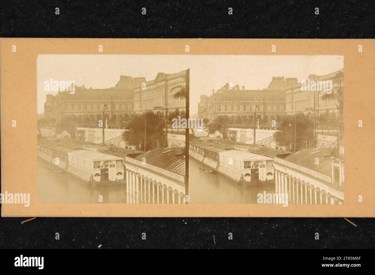 Anonimo His, Pont of the Arts, Quai des Tuileries e Louvre, visto da Pont Neuf. Carta albumina sulla scatola base, formato stereo 1860er Jahre Foto Stock