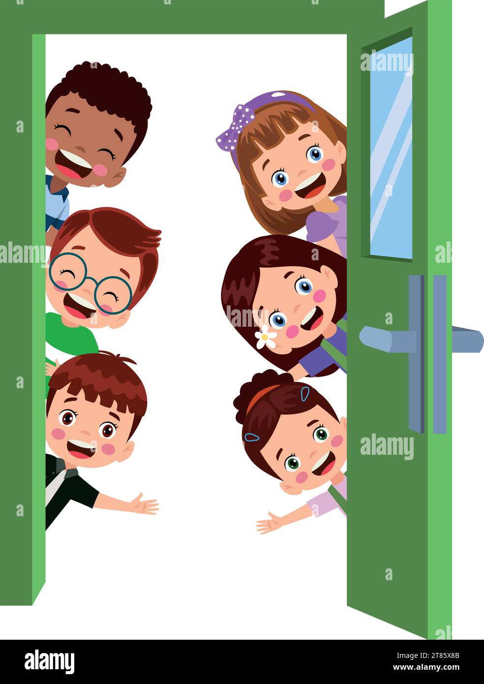 bambini carini che guardano attraverso la porta Illustrazione Vettoriale
