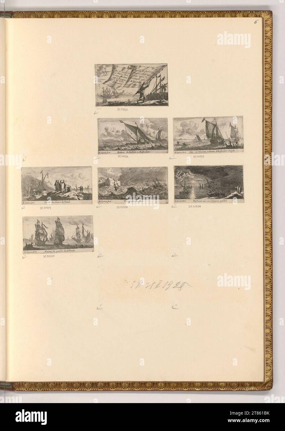 Reinier Zeeman titolo foglia, navi e paesaggi. Incisione, pinna 1650 , 1650 Foto Stock