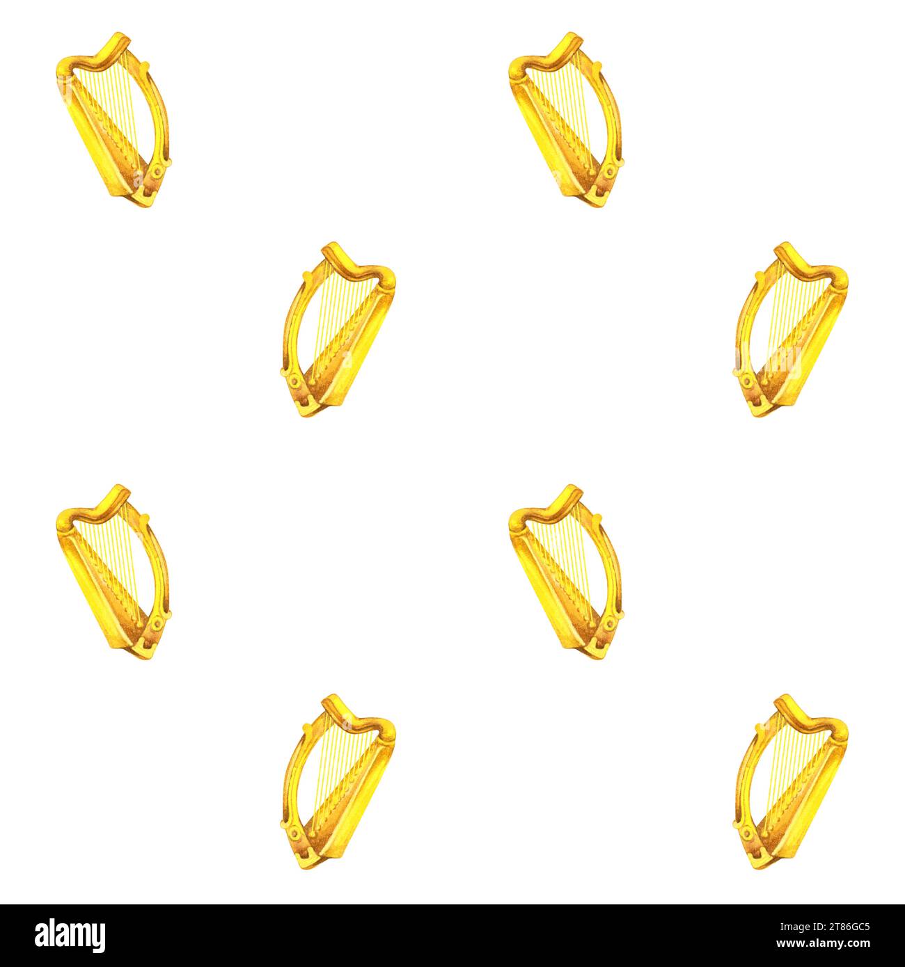 Motivo acquerello senza cuciture con arpa irlandese. Illustrazioni con texture in metallo in stile vintage isolate su sfondo bianco. Foto Stock