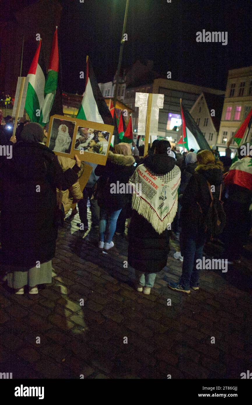 Flensburg, Schleswig-Holstein, Pro-Palästina-Demonstration a Flensburg. Demonstrantin mit Weißer Strickweste, auf diesen in rot Free Palestine sowie weitere Strickmuster in verschiedenen Farben. Aufnahme vom 18.11.2023, Flensburg, Holm/Südermarkt *** Flensburg, Schleswig Holstein, dimostrazione pro Palestina a Flensburg Demonstrator con giubbotto a maglia bianca, su questo in rosso Palestina libera e altri motivi di maglia in diversi colori foto scattata il 18 11 2023, Flensburg, Holm Südermarkt Credit: Imago/Alamy Live News Foto Stock