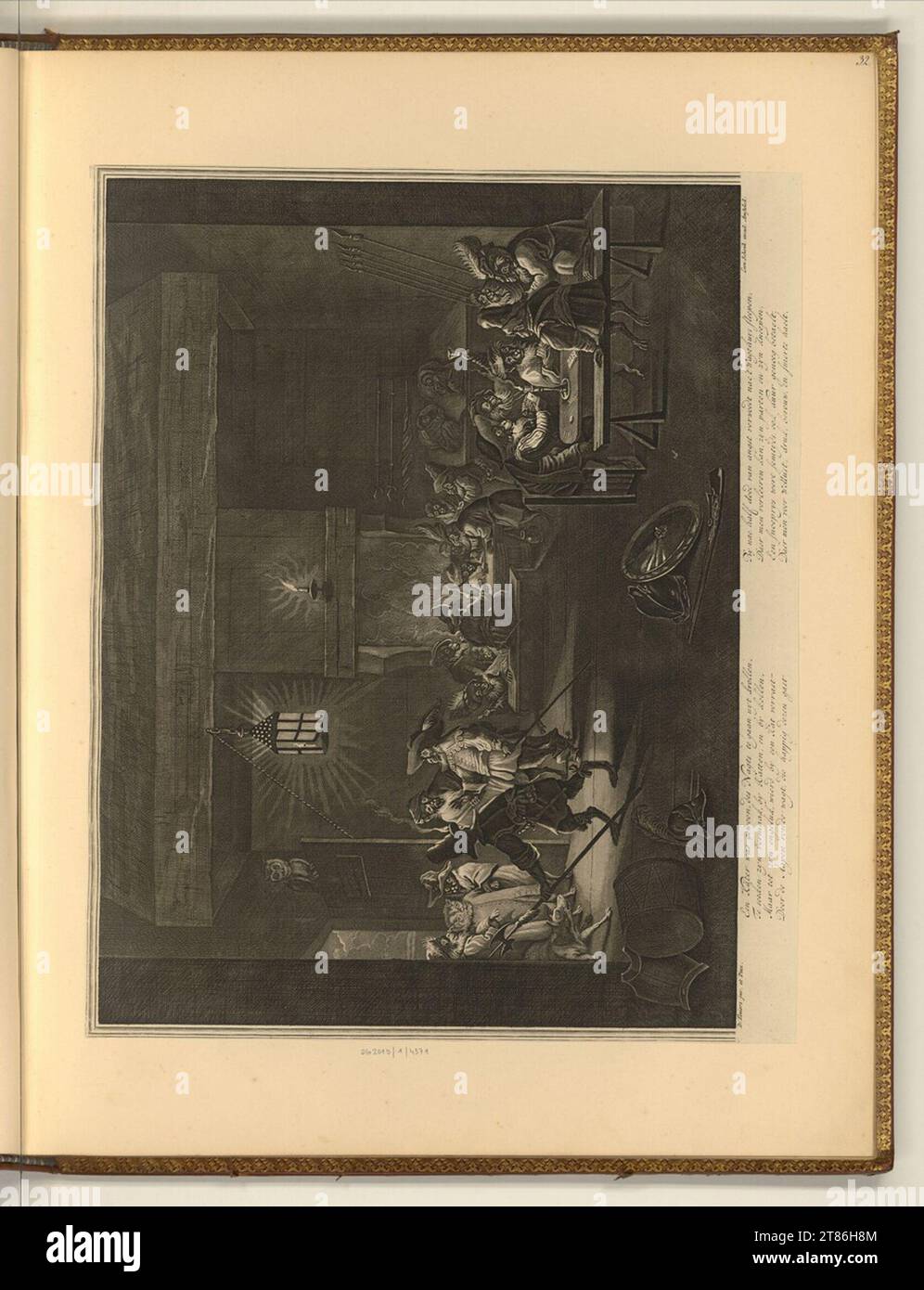 Leonard Schenk (incisore) interno con caminetto e carta da gioco per scimmie. incisione 1710-1767 , 1710/1767 Foto Stock
