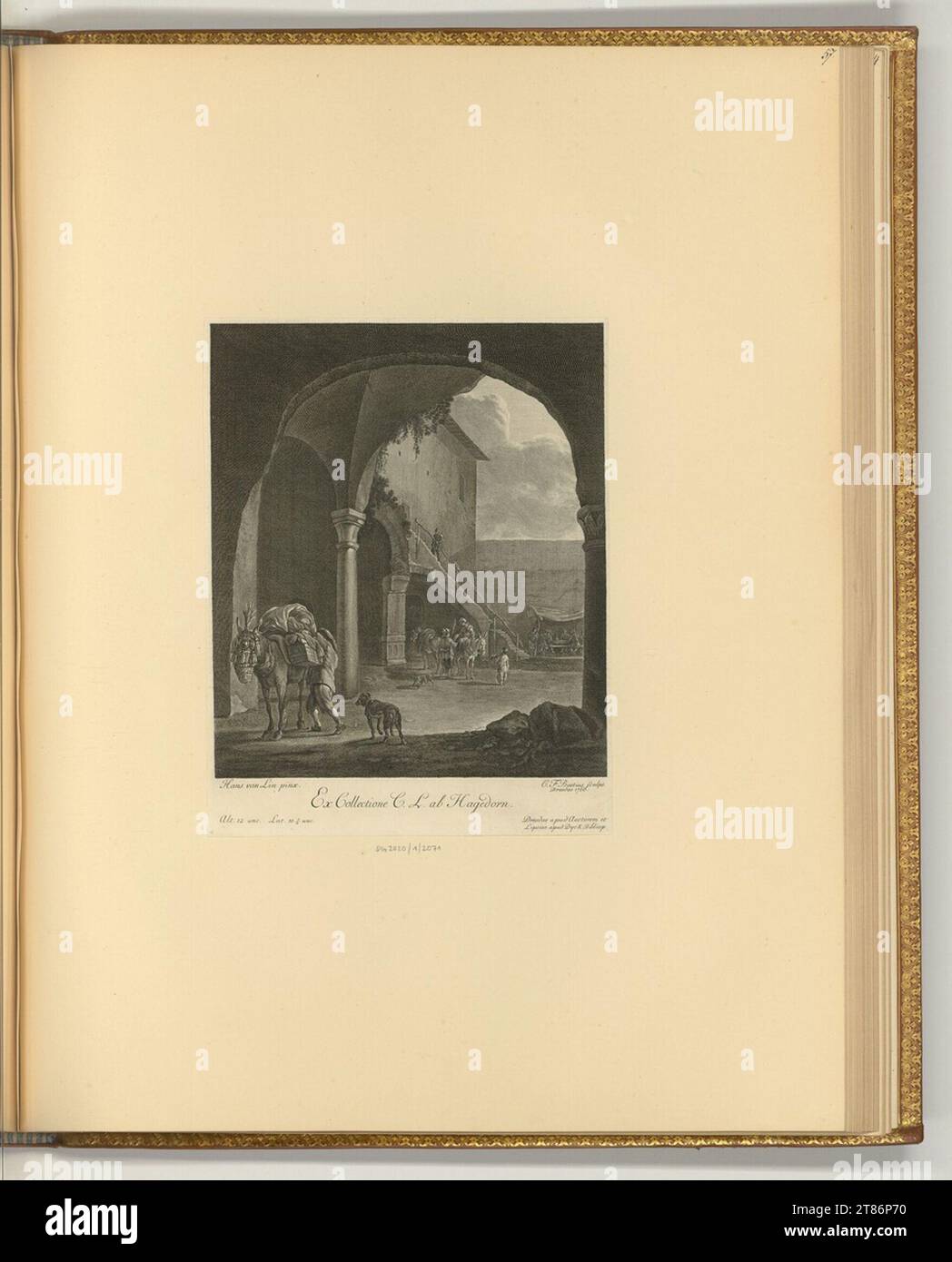 Christian Friedrich Boetius (incisore) caricò l'asino nel cortile di una rovina. Incisione, incisione rame 1766 , 1766 Foto Stock
