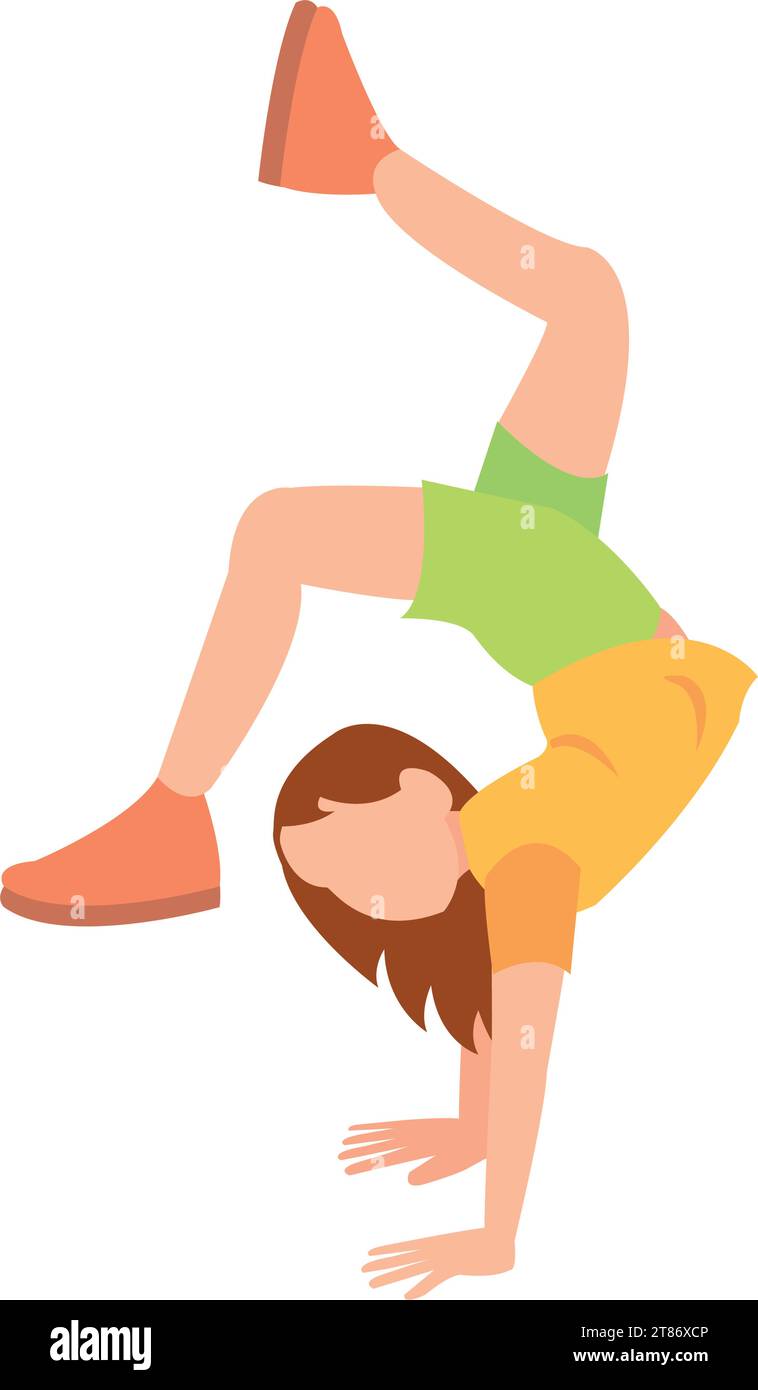 Felice ginnasta che fa esercizio. Bambino piccolo che fa ginnastica. Simpatico ragazzo in palestra che equilibra la postura. Addestramento acrobato Junior. Attività sportive. Vettore piatto Illustrazione Vettoriale