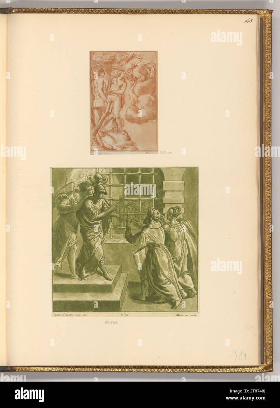 Stefano Mulinari (incisore) Adam ed Eva; angelo e soldato romano con una croce davanti a una prigione. Aquatinta 1760-1796 , 1760/1796 Foto Stock