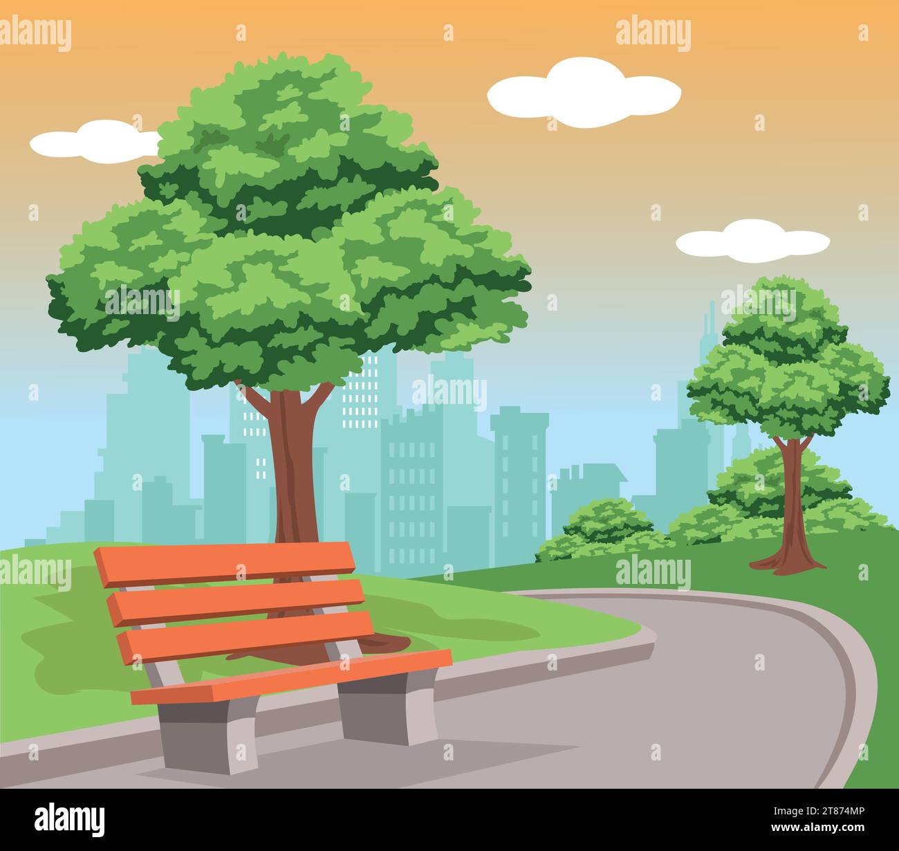 Parco cittadino con alberi verdi ed erba, panchina in legno, lanterne ed edifici cittadini sullo skyline Illustrazione Vettoriale