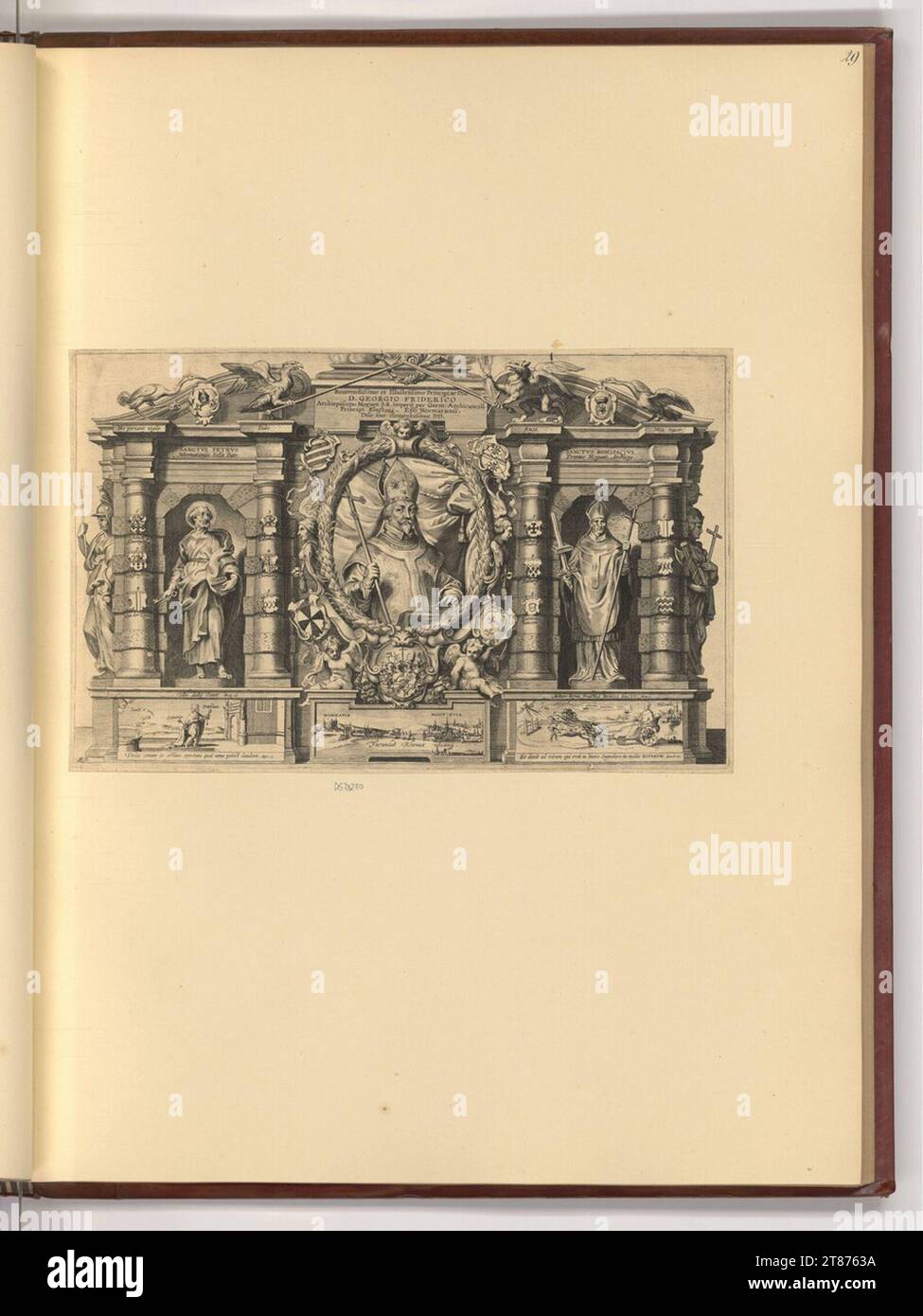 Paulus Pontius architettura con ritratto Georg Friedrich Arcivescovo di Magonza. Stampa in rame 1623-1658 , 1623/1658 Foto Stock