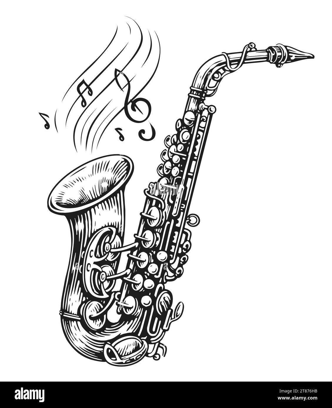 Sassofono con note musicali, illustrazione. Musica classica, concerto jazz Foto Stock
