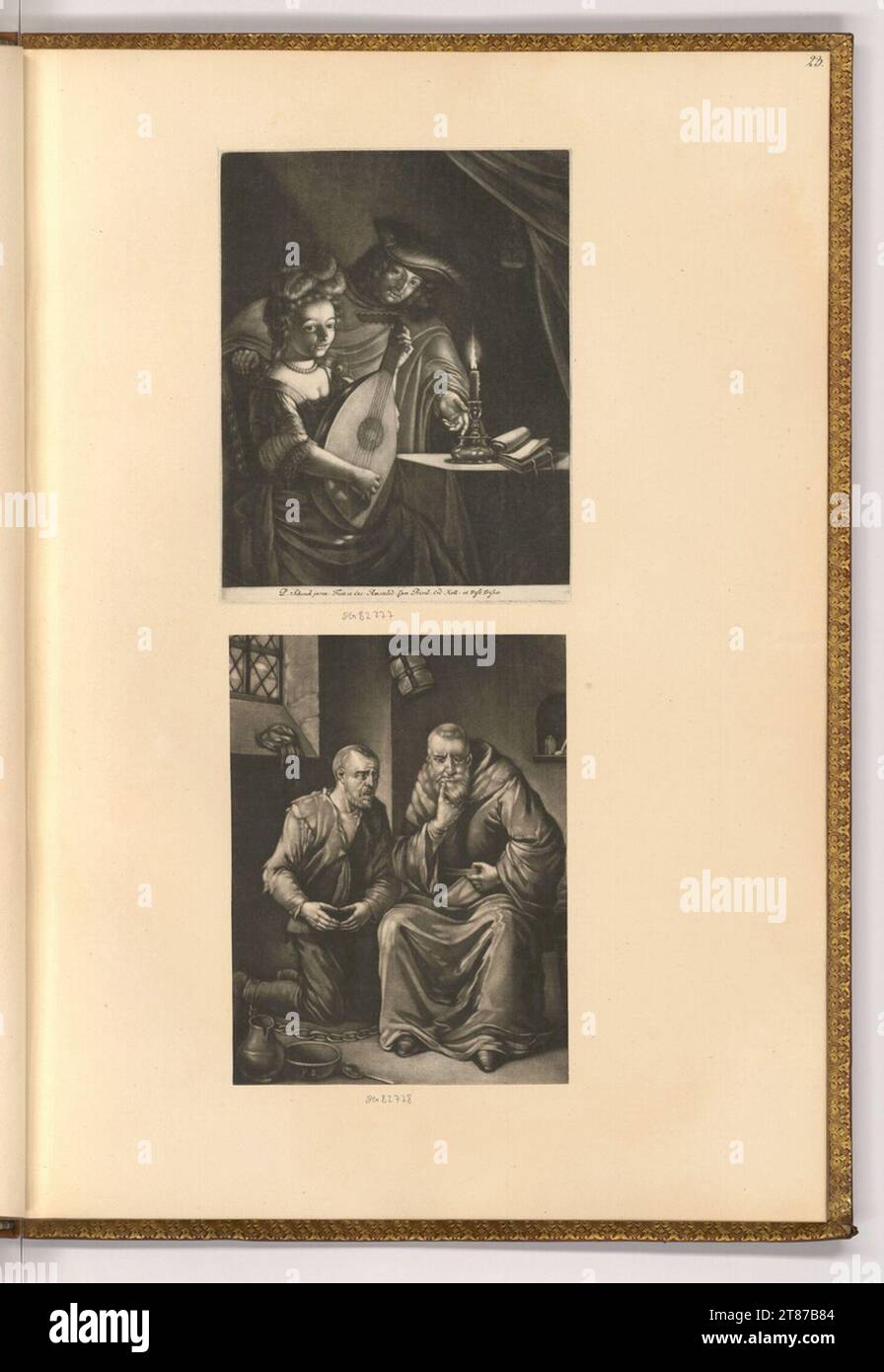 Pieter Schenk (incisore) donna con liuto a tavola con candela; prigioniero confessa un monaco. Sci 1676-1711 , 1676/1711 Foto Stock