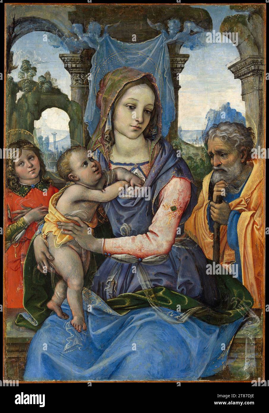 Sacra famiglia con Angelo, Raffaellino del Garbo (noto anche come Raffaelle de' Capponi e Raffaelle de' Carli). ca. 1490. Foto Stock
