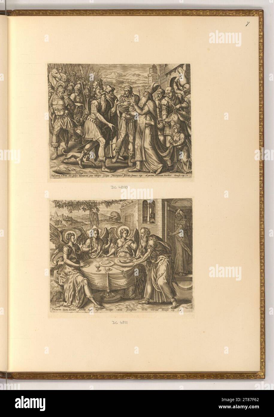 Abramo incontra Melchizedek, Abramo e i tre angeli. Stampa con incisione in rame 16. Secolo, XVI secolo Foto Stock