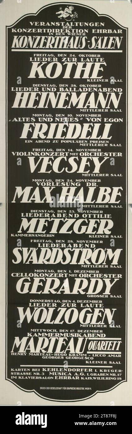 Eventi anonimi della direzione concerti nelle sale Konzerthaus di Vienna. Colore intorno a 1910 Foto Stock