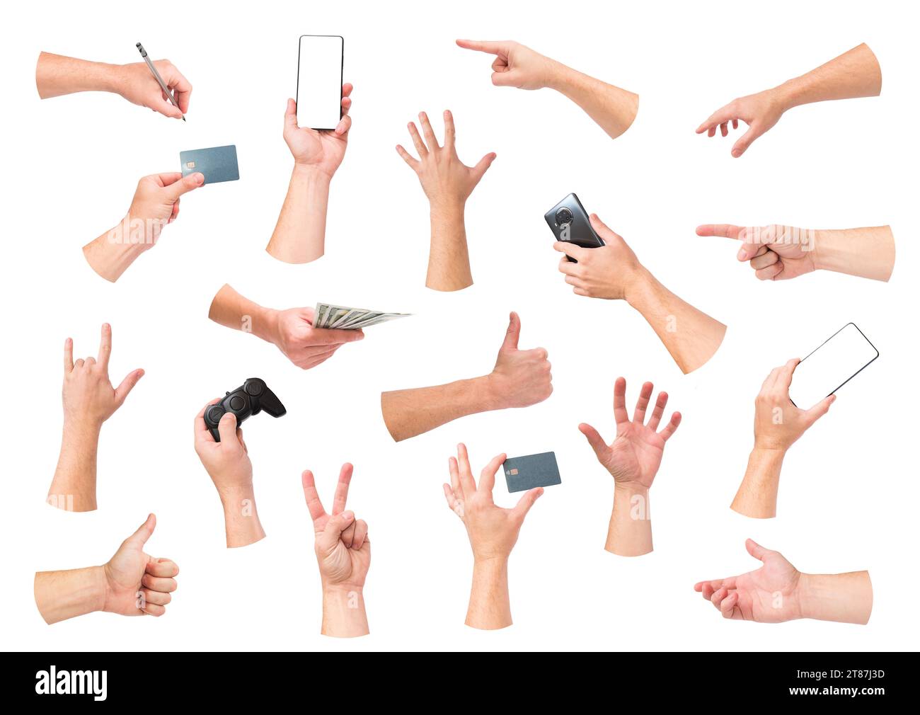 Collage per la raccolta delle mani delle persone. Le varie mani che mostrano gesti puntano all'oggetto, tengono uno smartphone, una penna, una carta bancaria, denaro in mano, gesti A. Foto Stock