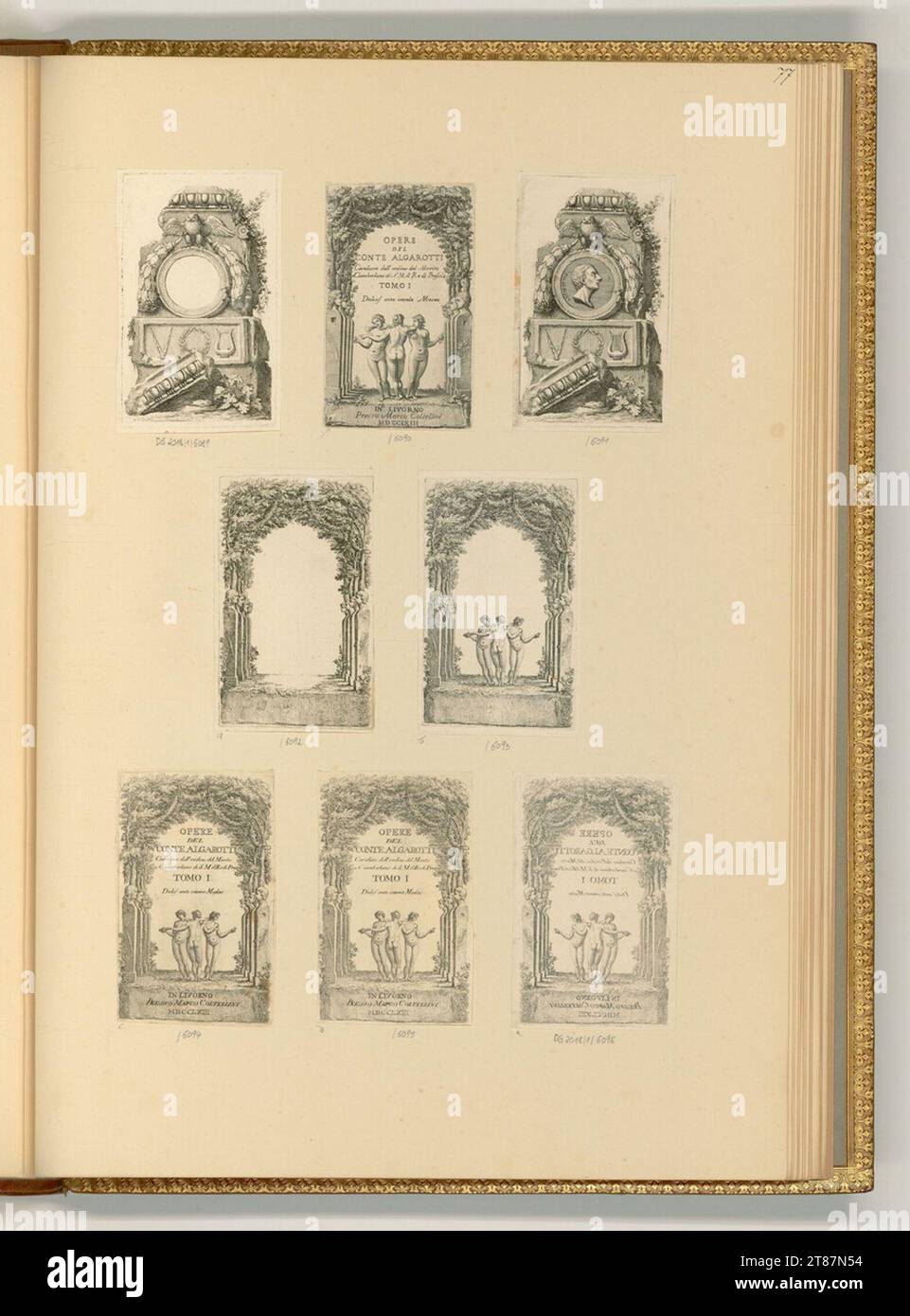 Mauro tesi Medaillon con ritratto; frontespizio per le opere del Conte Francesco Algarotti. incisione 1750-1766 , 1750/1766 Foto Stock