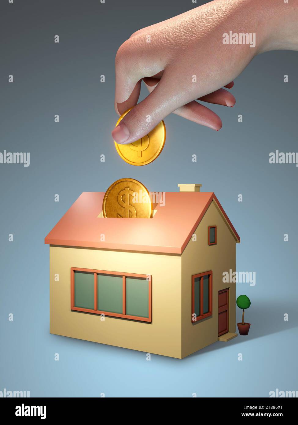Mano che getta delle monete in un edificio residenziale. Immagine concettuale delle spese familiari. Illustrazione digitale, rendering 3D. Foto Stock