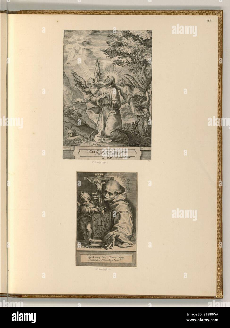 Cherubino Alberti (incisore) stigmatizzazione di San Francesco d'Assisi; San Bernhardin von Siena. Stampa in rame 1570-1615 , 1570/1615 Foto Stock