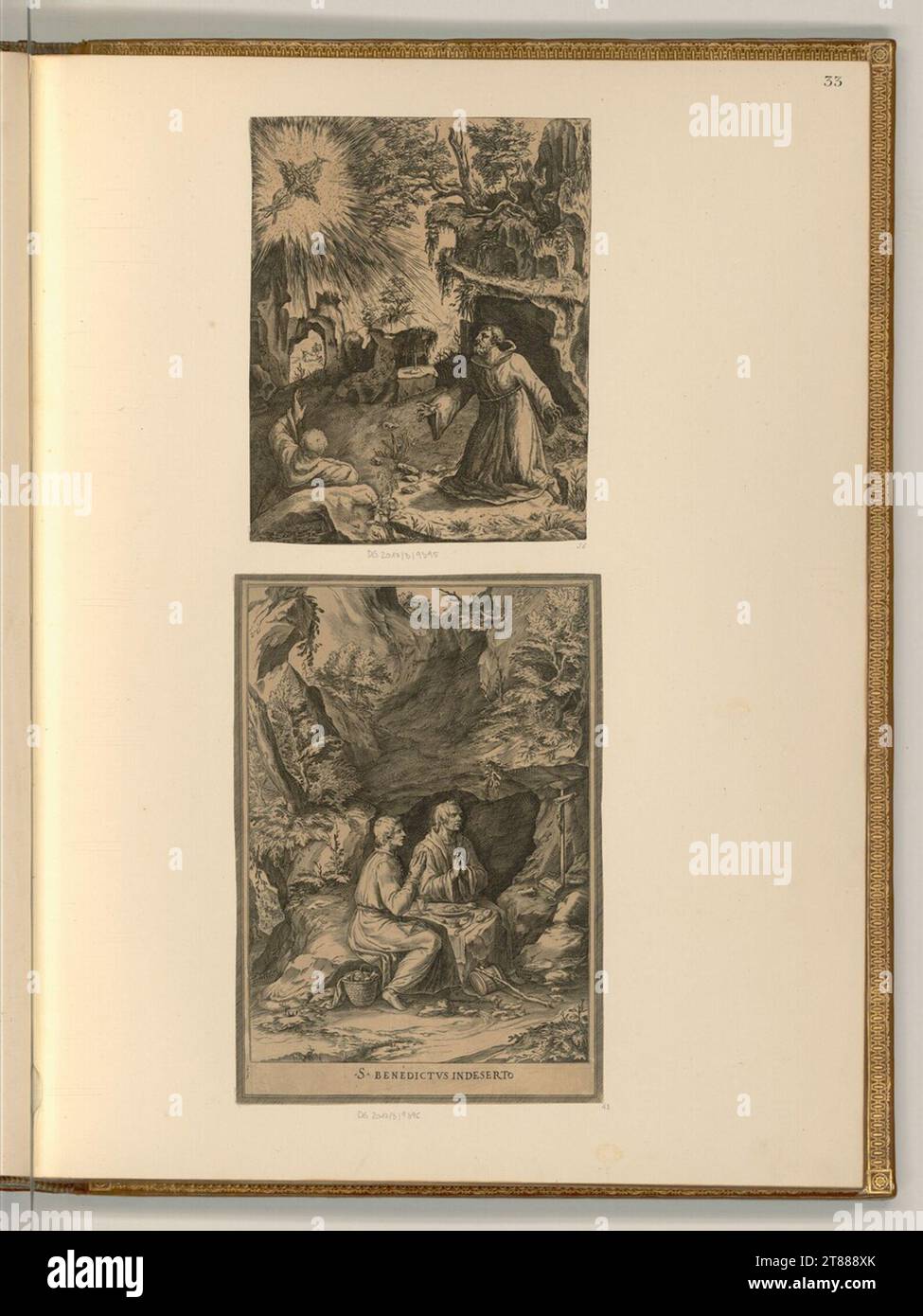 Cherubino Alberti (incisore) stigmatizzazione di San Francesco d'Assisi; San Benedict nel deserto. Incisione rame, incisione 1570-1615 , 1570/1615 Foto Stock