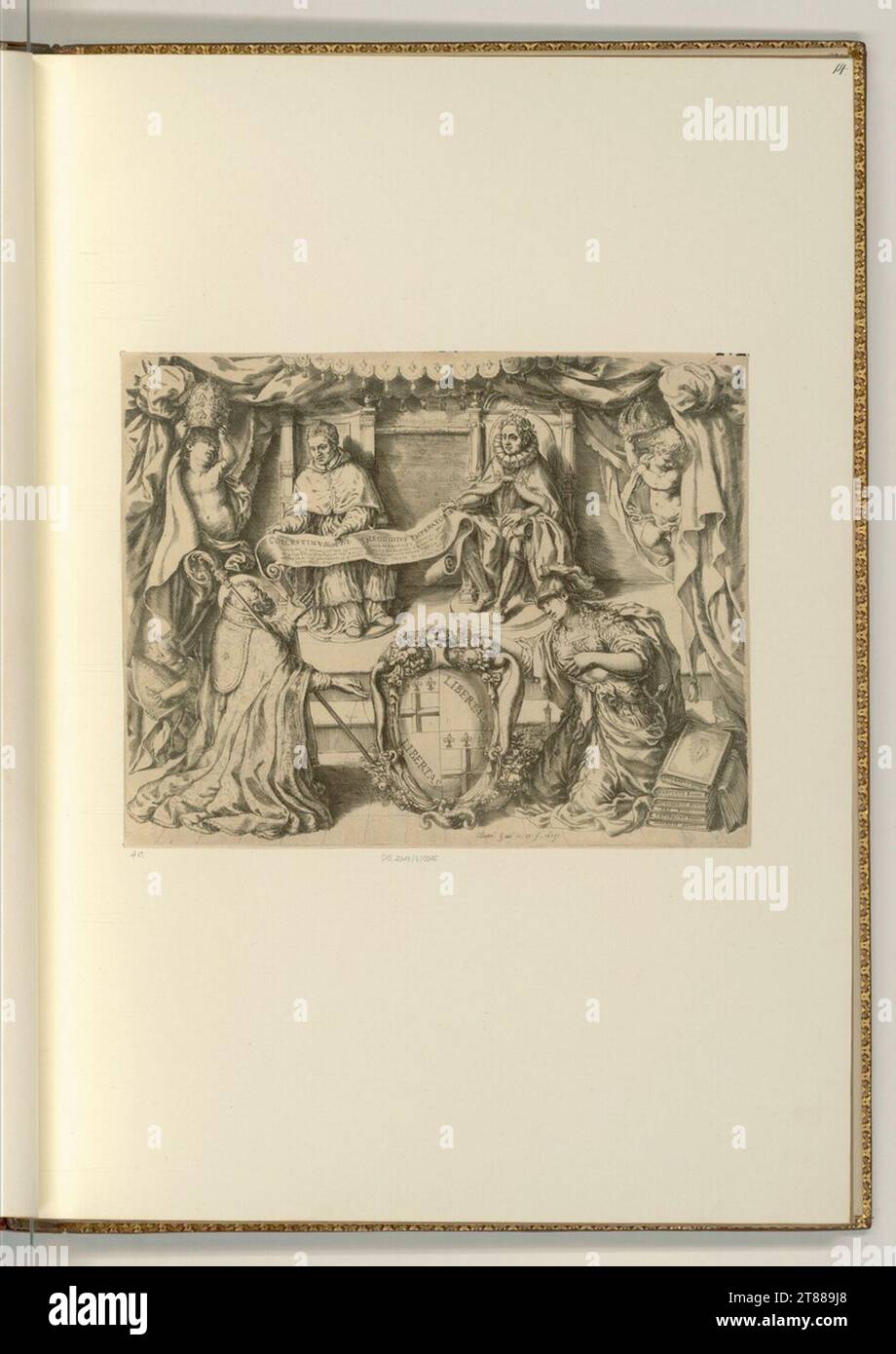 Oliviero gatti (Ausführende r Künstler in) Papa Coelestin e il sovrano Teodosio con San Petronio. Stampa in rame 1619 , 1619 Foto Stock