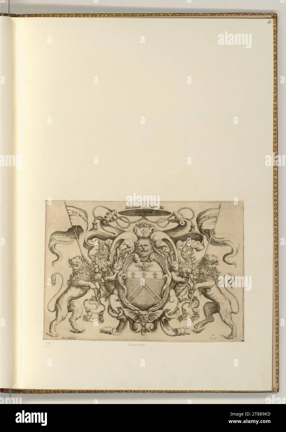 Oliviero gatti (Ausführende r Künstler in) stemma di un cardinale con due leoni fiancheggianti. Stampa in rame 1623 , 1623 Foto Stock