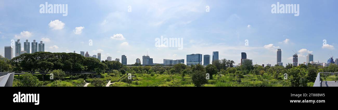 Inaugurato nel 2022, il Forest Park è un'importante espansione del Parco Benjakitti di Bangkok, prendendo possesso di terreni precedentemente occupati dall'Autorità del tabacco della Thailandia Foto Stock