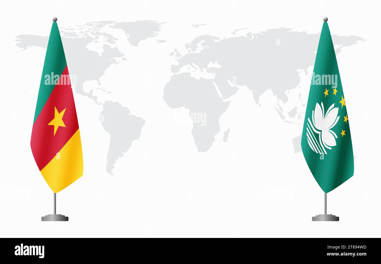 Camerun e Macao bandiere per un incontro ufficiale sullo sfondo della mappa mondiale. Illustrazione Vettoriale