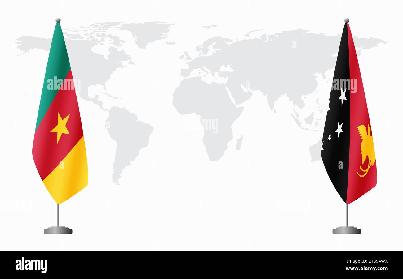 Camerun e Papua nuova Guinea bandiere per un incontro ufficiale sullo sfondo della mappa mondiale. Illustrazione Vettoriale