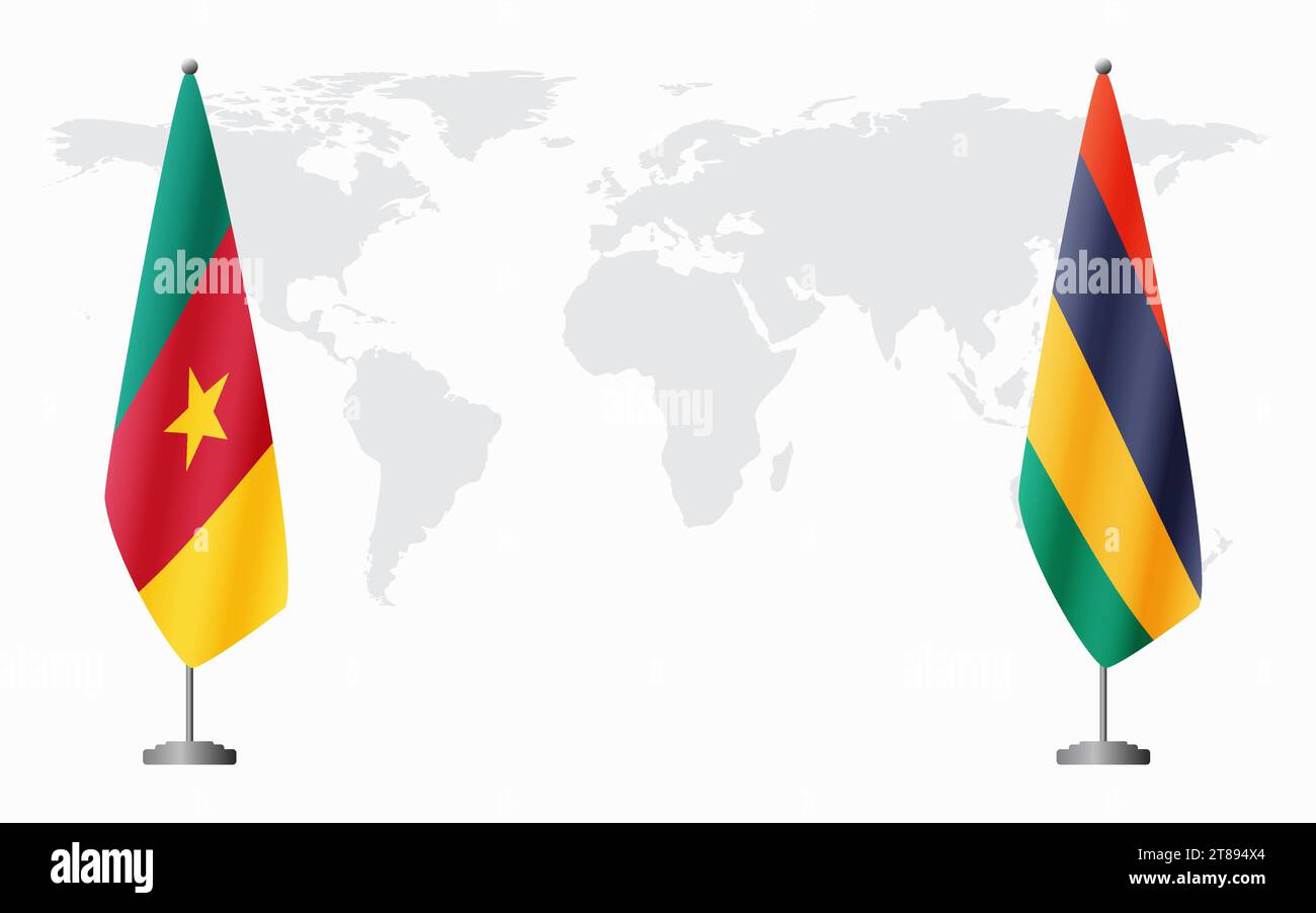Camerun e Mauritius bandiere per un incontro ufficiale sullo sfondo della mappa mondiale. Illustrazione Vettoriale