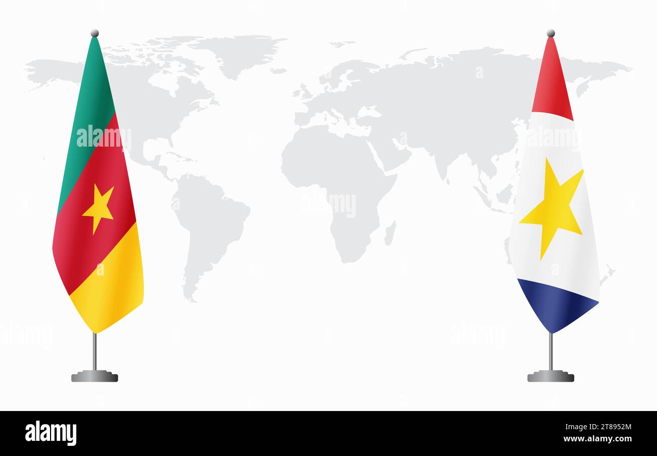 Camerun e Saba bandiere per un incontro ufficiale sullo sfondo della mappa mondiale. Illustrazione Vettoriale