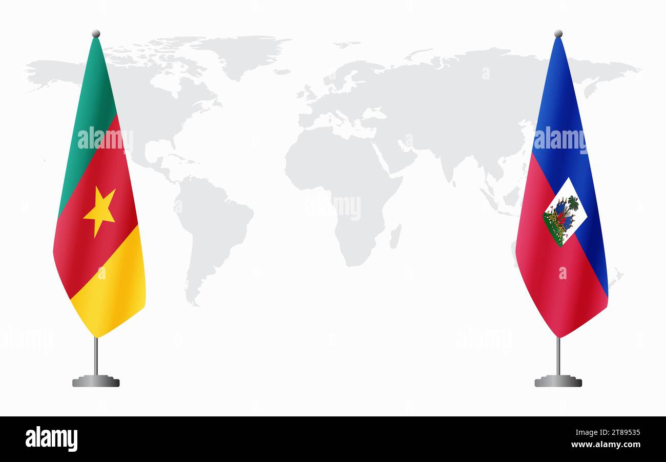 Camerun e Haiti bandiere per un incontro ufficiale sullo sfondo della mappa mondiale. Illustrazione Vettoriale