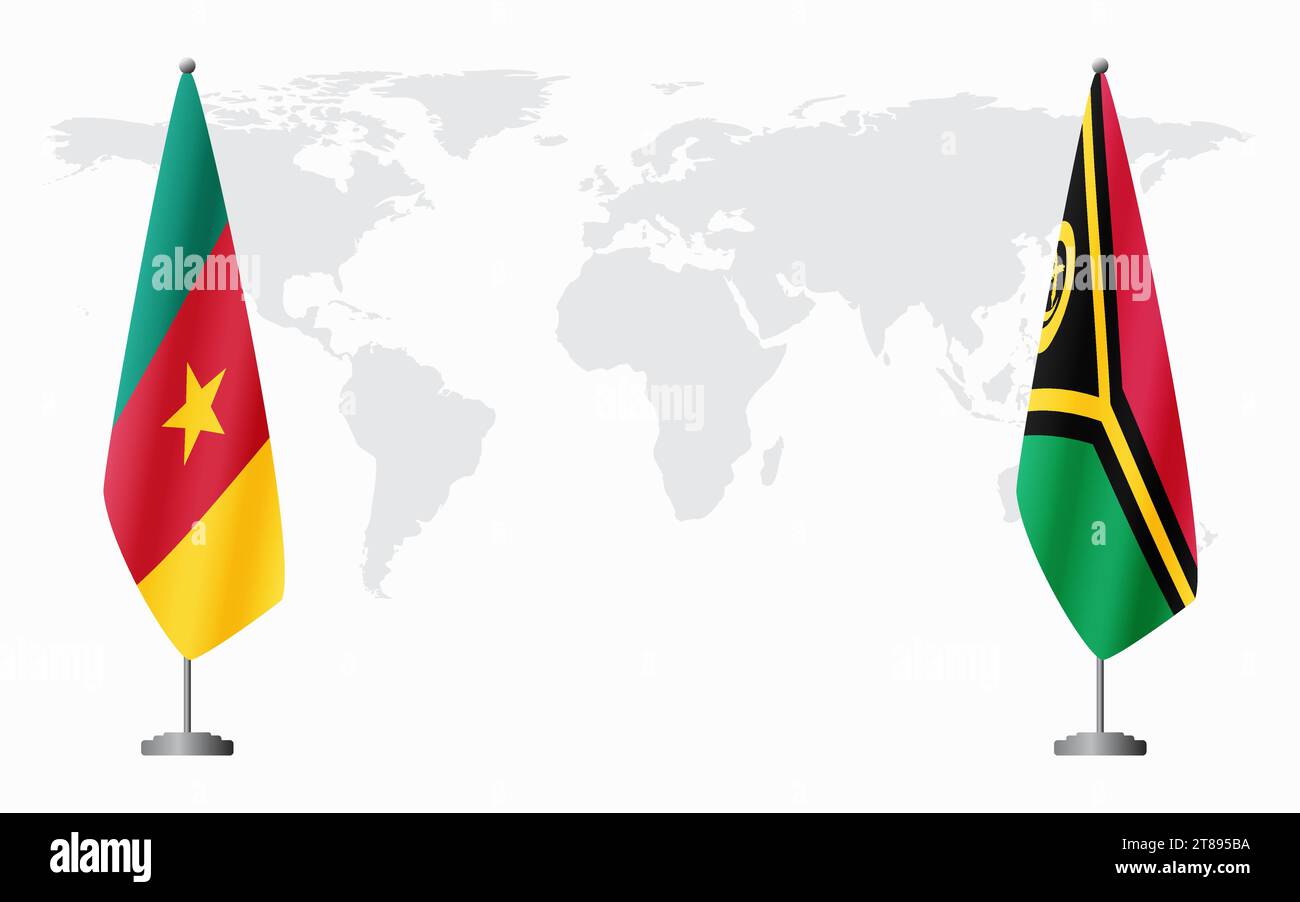 Camerun e Vanuatu bandiere per un incontro ufficiale sullo sfondo della mappa mondiale. Illustrazione Vettoriale