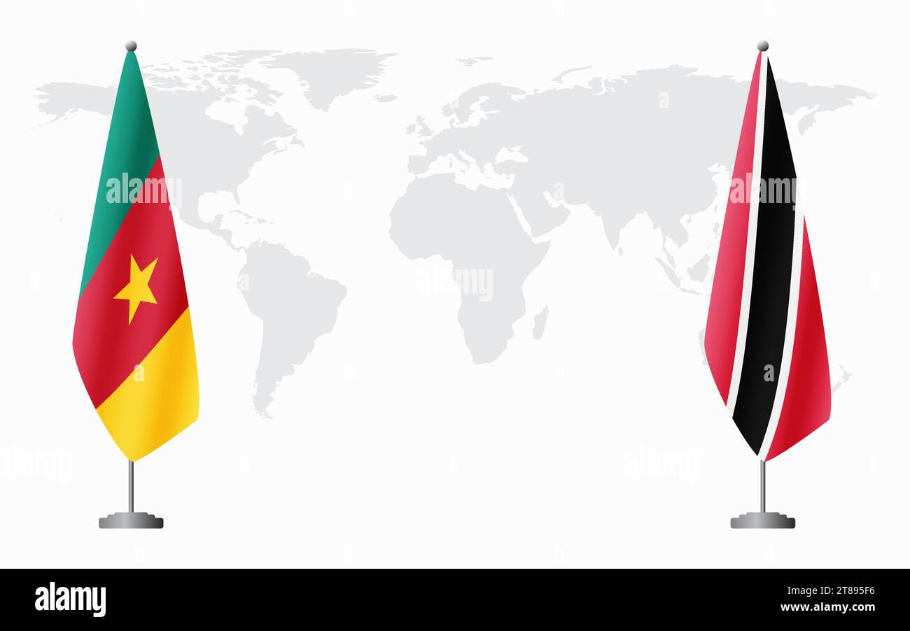 Camerun e Trinidad e Tobago bandiere per un incontro ufficiale sullo sfondo della mappa mondiale. Illustrazione Vettoriale
