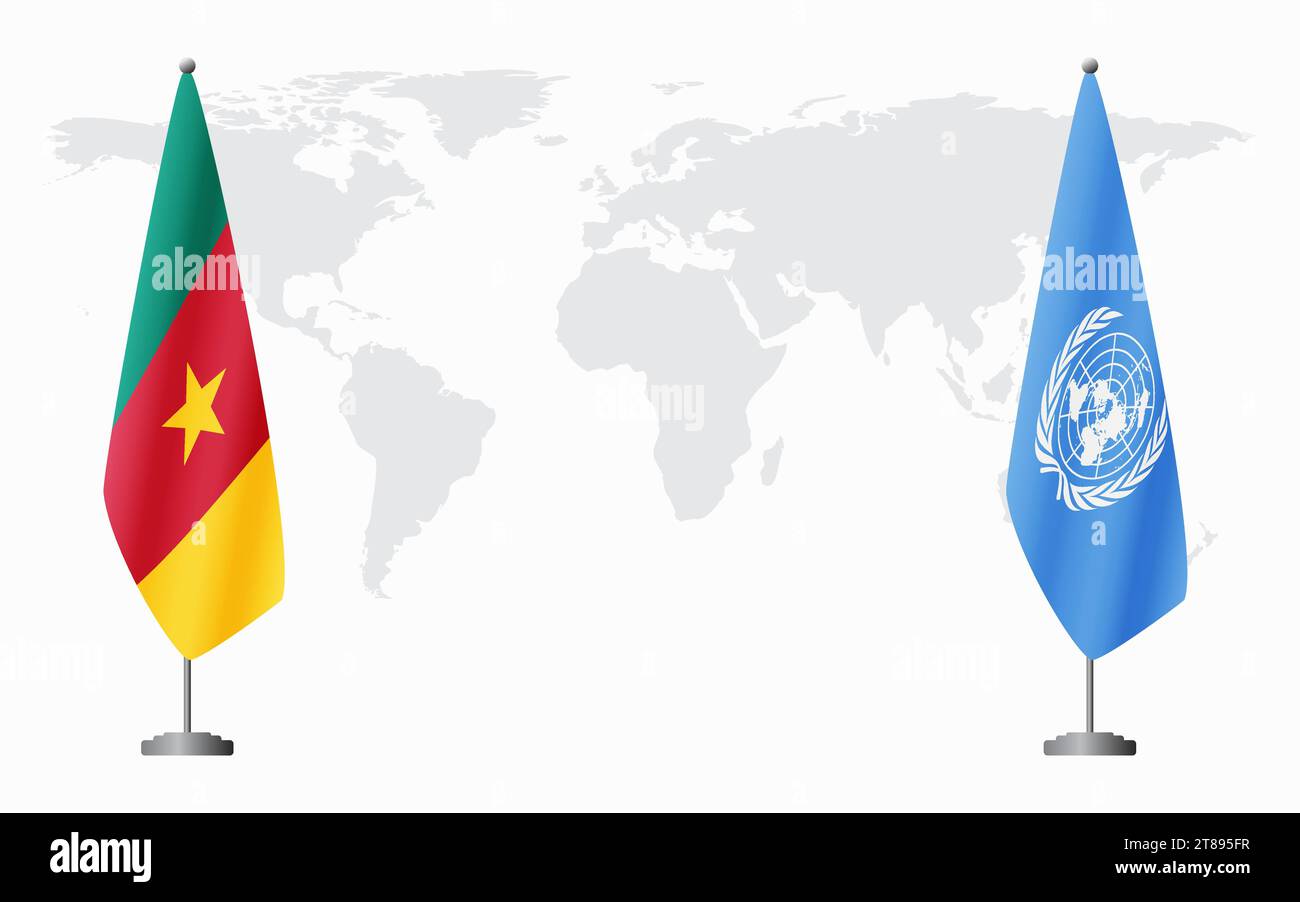 Camerun e bandiere delle Nazioni Unite per un incontro ufficiale sullo sfondo della mappa mondiale. Illustrazione Vettoriale