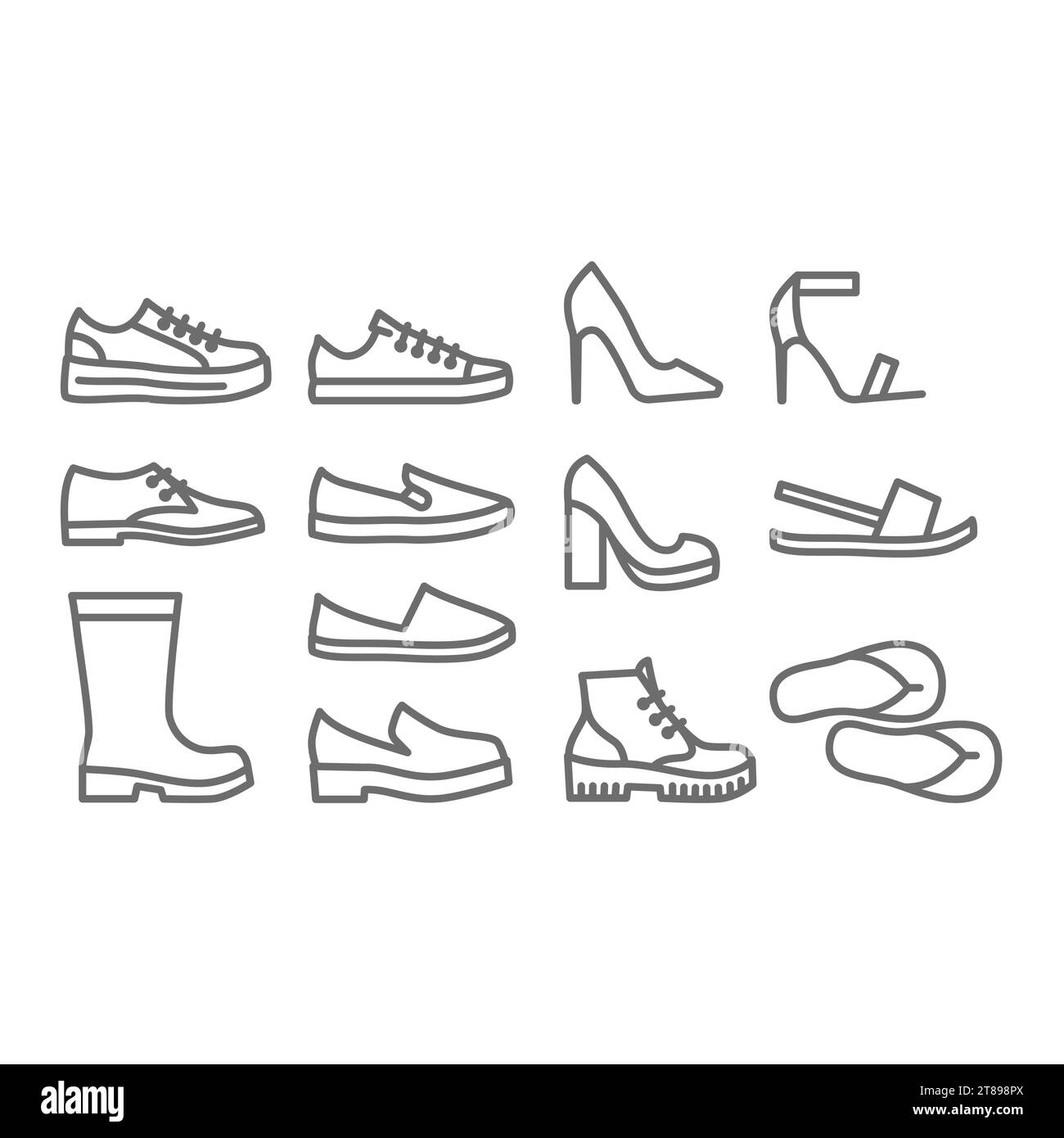 Scarpe, set di icone vettoriali da uomo e da donna. Scarpe con tacco alto, sneakers e stivali. Riga modificabile. Illustrazione Vettoriale
