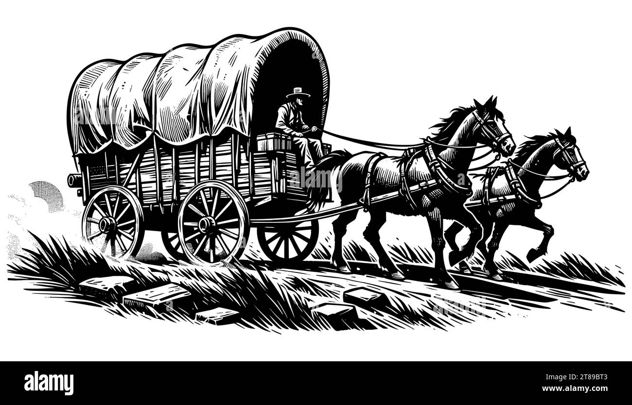 Illustrazione in stile Linocut di un carro coperto trainato da cavalli e che trasporta pionieri nel selvaggio West americano. Illustrazione Vettoriale