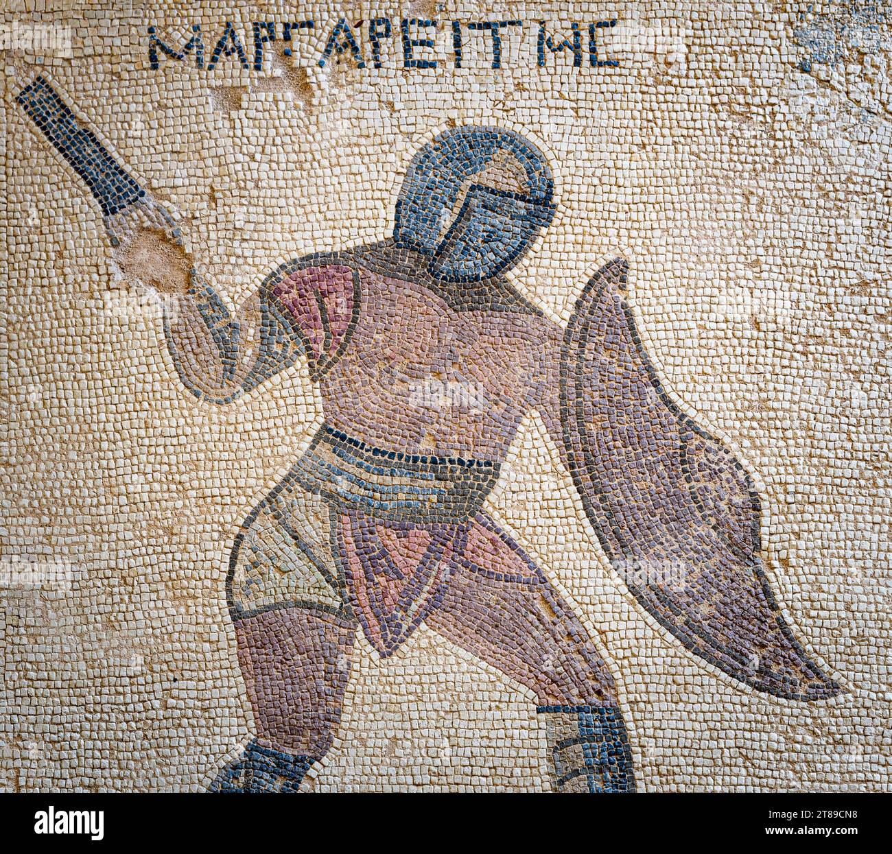 Mosaico raffigurante un gladiatore, Margarities. La fine del III secolo d.C. Casa dei gladiatori. Kourion (Cipro) Foto Stock