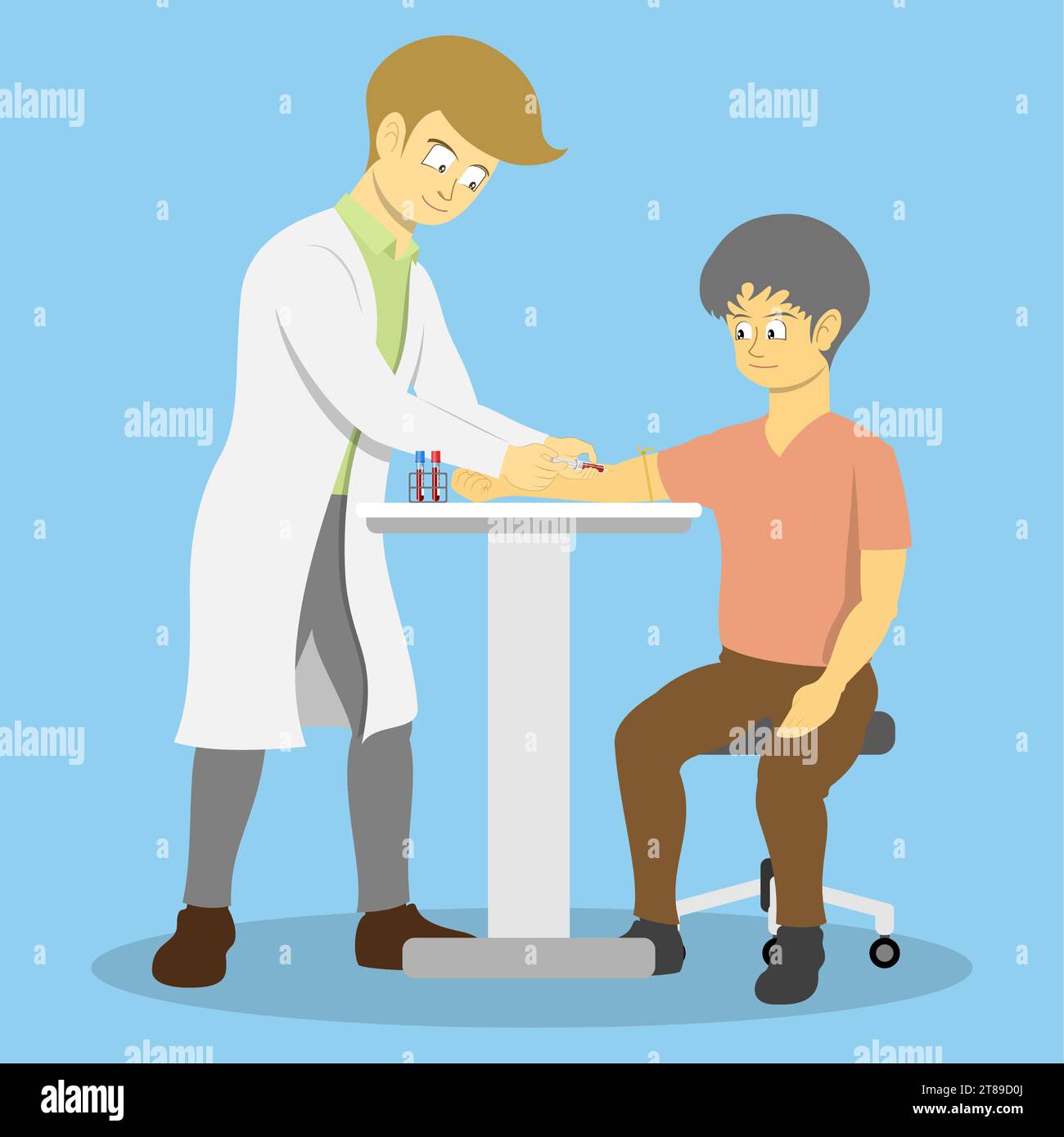 Un medico sta prelevando sangue da un paziente per esami di laboratorio. I test possono essere utilizzati per diagnosticare malattie, monitorare il trattamento. Illustrazione Vettoriale