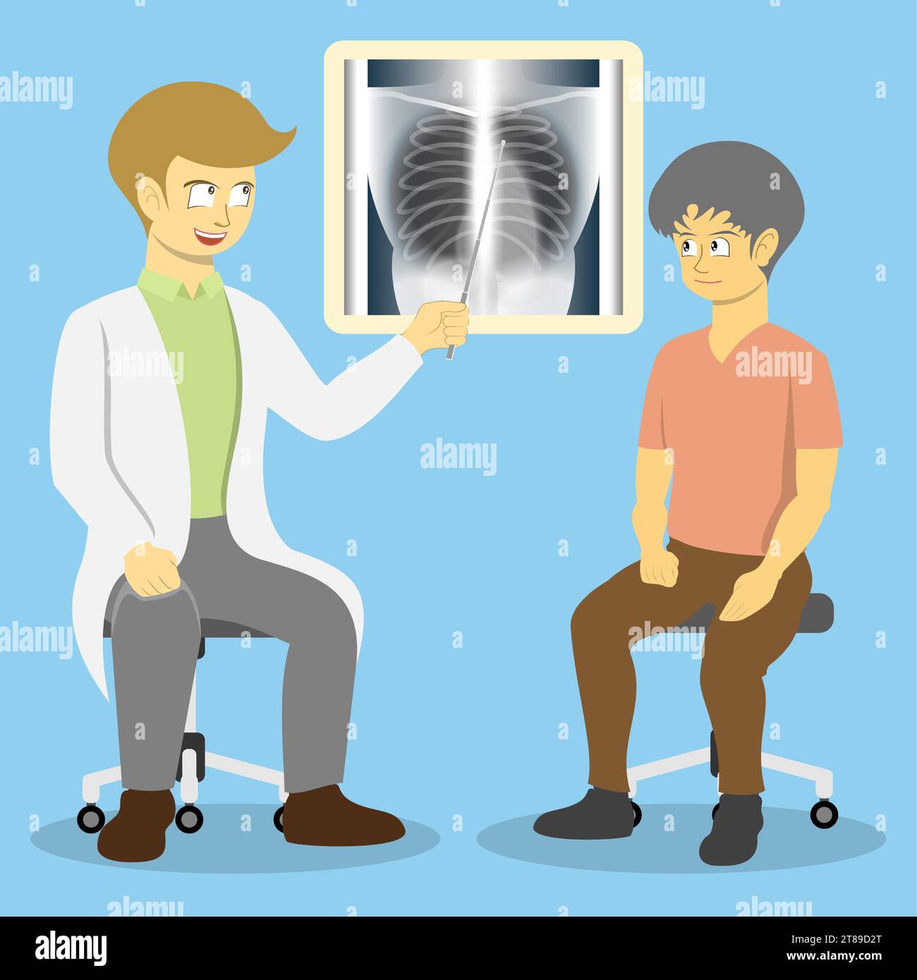 Il medico sta spiegando i risultati dei raggi X al paziente. I raggi X sono utilizzati per diagnosticare le malattie e monitorare l'efficacia dei trattamenti. Illustrazione Vettoriale