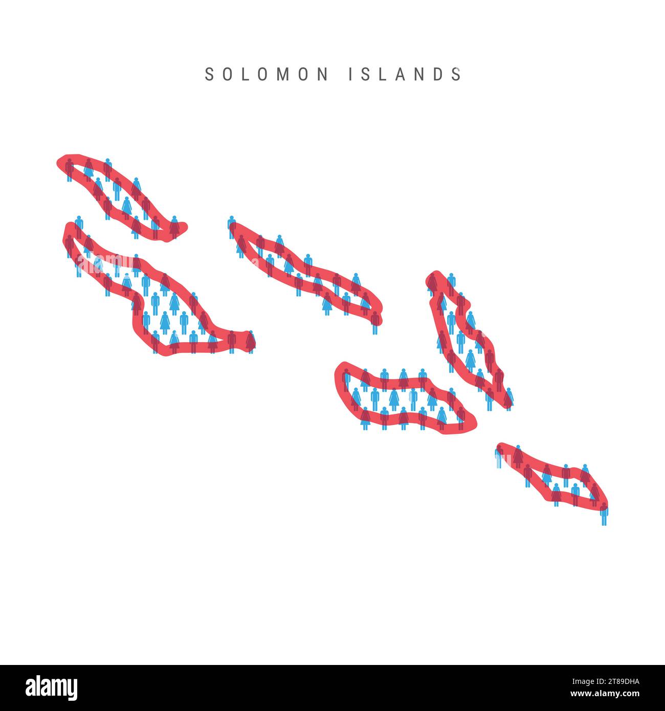 Mappa della popolazione delle Isole Salomone. Figure a bastone: La mappa dei Melanesia con il confine rosso brillante e traslucido. Modello di icone di uomini e donne. Isolato Illustrazione Vettoriale
