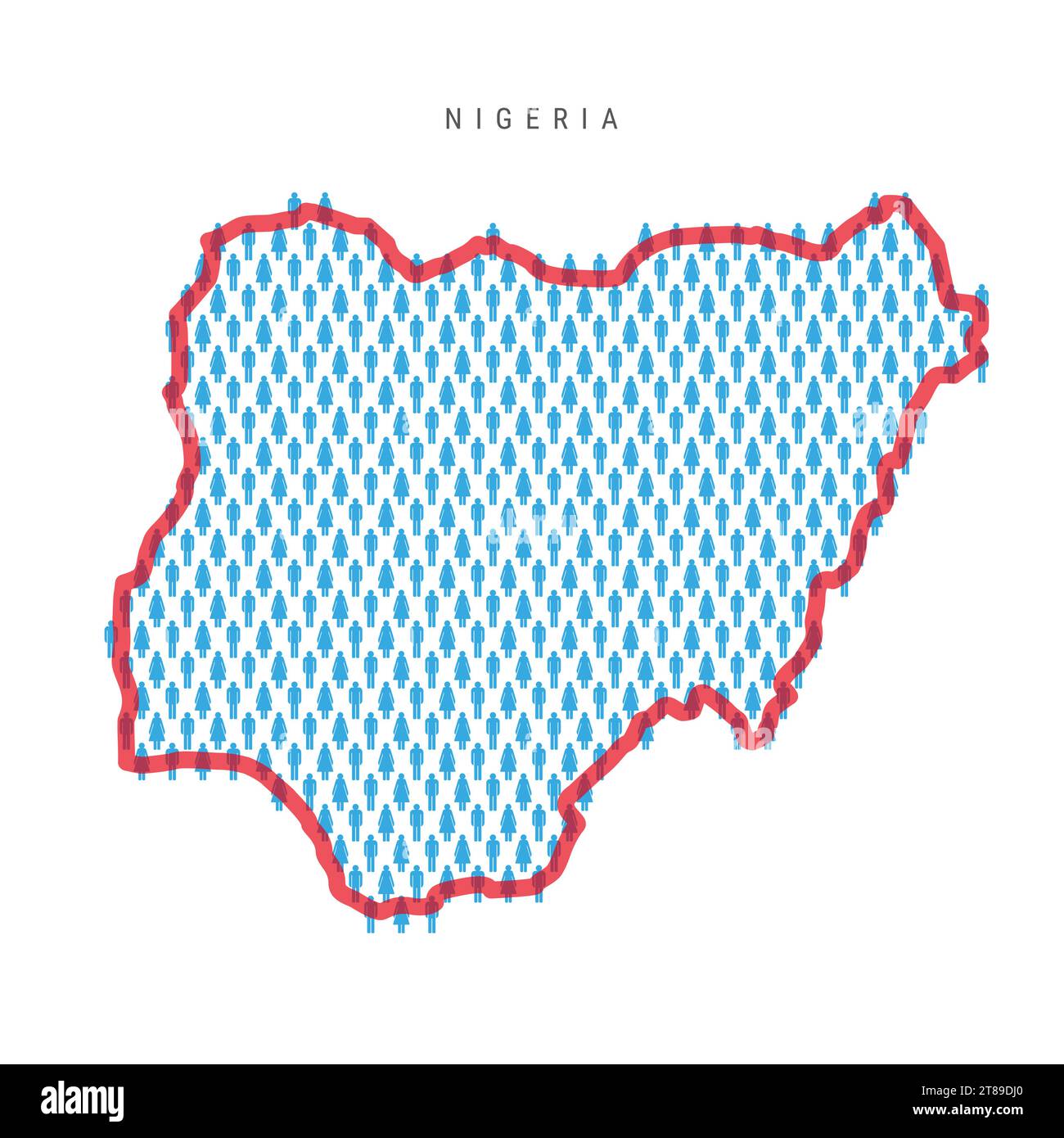 Mappa della popolazione nigeriana. I personaggi del popolo nigeriano si stagliano su una mappa con un confine rosso brillante e traslucido. Modello di icone di uomini e donne. Vettore isolato il Illustrazione Vettoriale